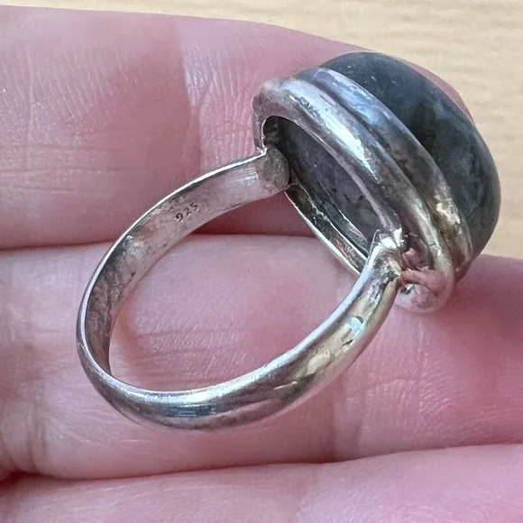 VINTAGE LARGE LABRADORITE CABOCHON RING 925 STERLING SILVER BLUE ETHEREAL GLOW